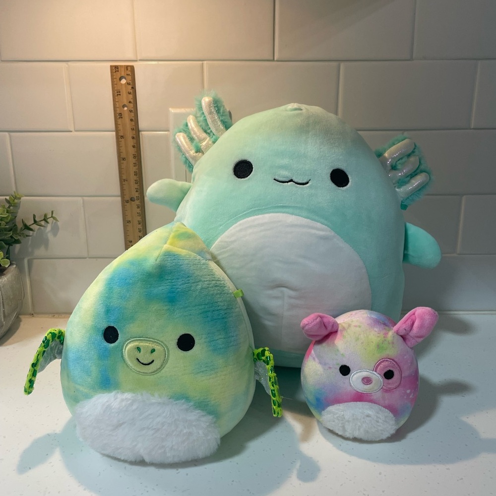 Lot of 3 Squishmallows: Anastasia Axolotl, Fletcher Pterodactyl & Shena Dog